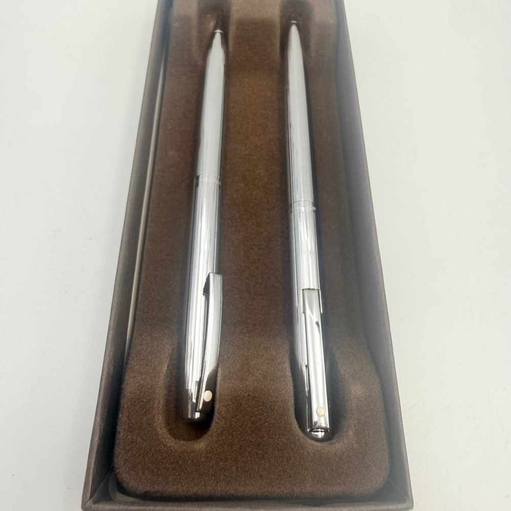 Vintage Sheaffer White Dot Pen and Pencil Set Chrome Pinstripe Made in USA Boxed